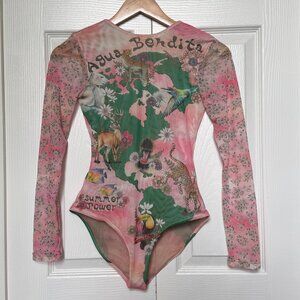 Agua Bendita Backless Bodysuit 3/4 Sleeve Peony Java Print Size Small